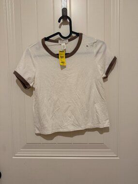 Full Tilt Youth Girls Cropped Shirt - Cream w/brown trim - Size Youth XL
